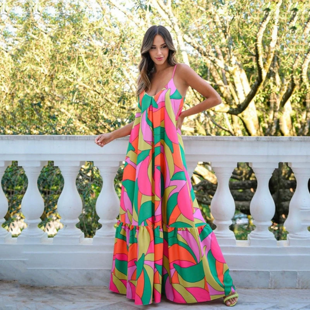 ZARA Spring Summer Deep V Back Bohemian Floral Spaghetti Strap Maxi Dress